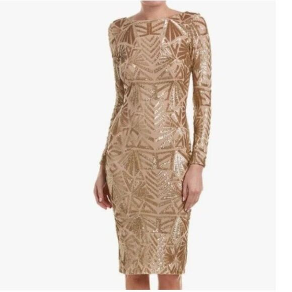 Dress the Population Dresses & Skirts - Dress The Population Emery Long Sleeve Blush Gold Sequin Open Back Dress Deco S